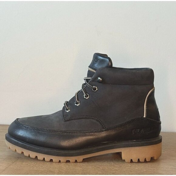 FUBO Vintage Men's 6.5 Women 8.5 Black Leather Ankle Boots Chunky Sole Steel Toe - Picture 1 of 10